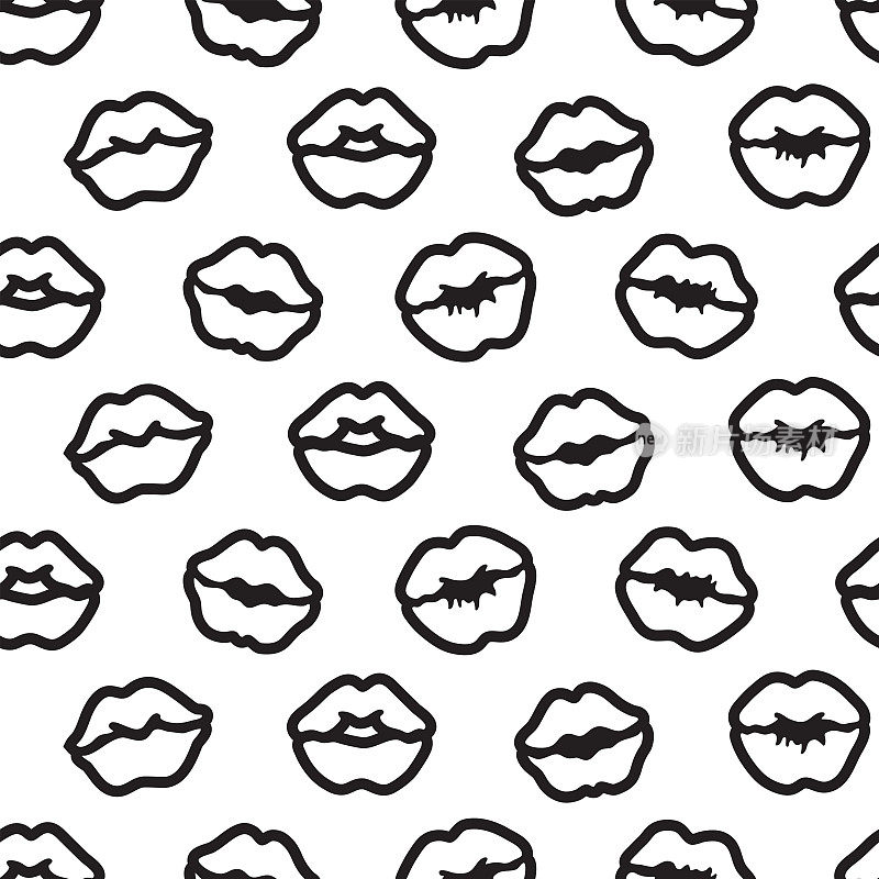 Kissing lips seamless pattern  in outline style. Colored page background. Black + white